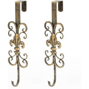 Jemeni 2 Pack 16" Wreath Hanger for Front Door, Metal Over The Door Wreath Hanger, Fleur Dis Lis Wreath Door Hanger, Door Hanger for Wreath with Scroll Design, Antique Gold
