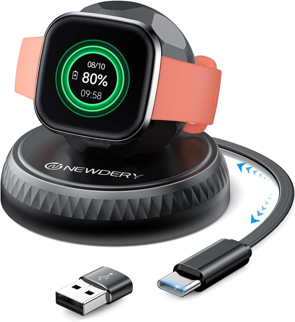 NEWDERY Charger for Pixel Watch 3 2 & for Fitbit Sense 2/Versa 4 3, Retractable USB C Charging Cable with USB A Adapter, Portable Replacement Dock Stand for Fitbit & for Google Smartwatch