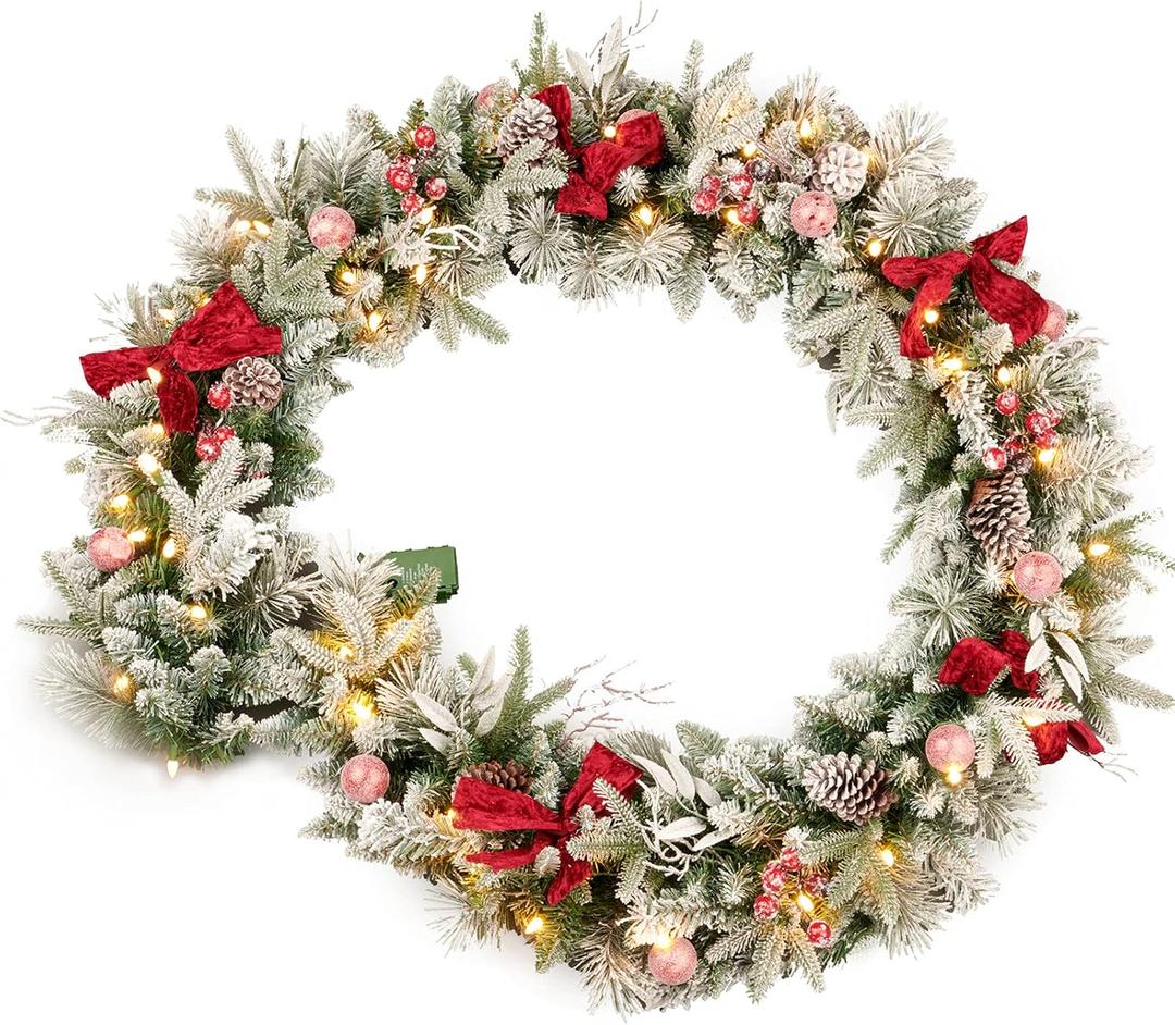 9ft Pre-lit Flocked Christmas Garland with Red Balls, Berries and and 50 Battery Operated Soft White LED Lights with Timer,Artificial Holiday Decoration Door Outdoor, Battery Operated
