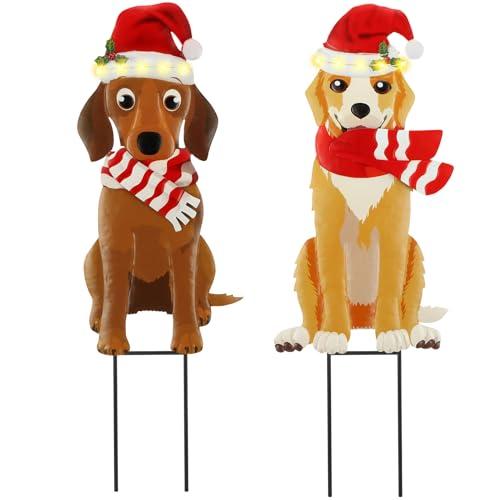 Soaoo 2 Pack Solar Christmas Outdoor Decorations 27 Solar Light Dog Metal Christmas Stake Yard Signs Decoration with Santa Hat for Xmas Holiday Garden Lawn(Dog)