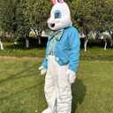 To.beone Easter Bunny Mascot Costume with Blue Jacket, Striped Bow Tie, Adult Size Full Body Rabbit Character Suit for Holiday Events and Parties (White, M)