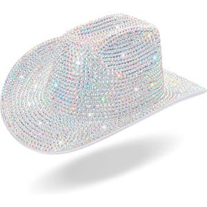 Hercicy Rhinestone Cowboy Hat with Diamond Fringe Bling Cowgirl Hat With Western Wide for Cosplay Wedding