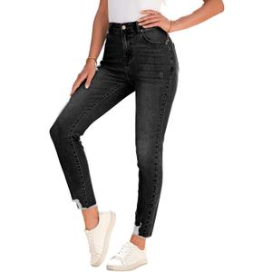 SHEWIN Women's Ripped Shaping Skinny Jeans Distressed Raw Hem Stretchy Denim Pants (8, Black)