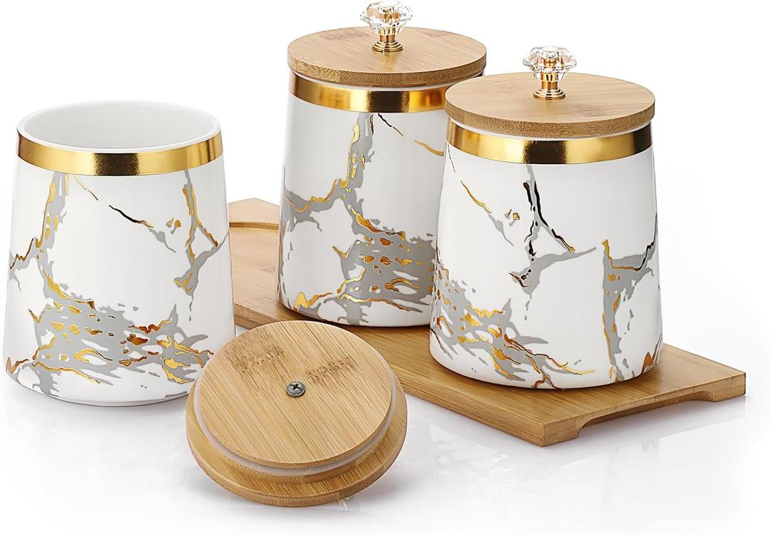JUXYES Set of 3 Canisters Set for Sugar Coffee Tea with Airtight Lid, Ceramic Storage Containers Sets White Storage Pots with Tray Storage Jar Decorative Canisters Sets for for Kitchen Counter, 4.1" X 4.1" X 4.9"