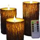 NICEME LED Pine Bark Flameless Candles Set of 3 Real Wax Battery Operated Candles Flickering Teardrop Wick Electric Decorative Pillar Bark Candles with Remote Timer, D3 x H4 5" 6"