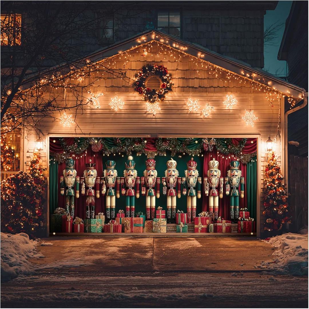 HOMETITUTE Christmas Garage Door Banner 13x6ft Nutcracker Holiday Decoration with Red Green Curtains Gift Boxes for Outdoor Xmas Party Wall Display Photo Backdrop House