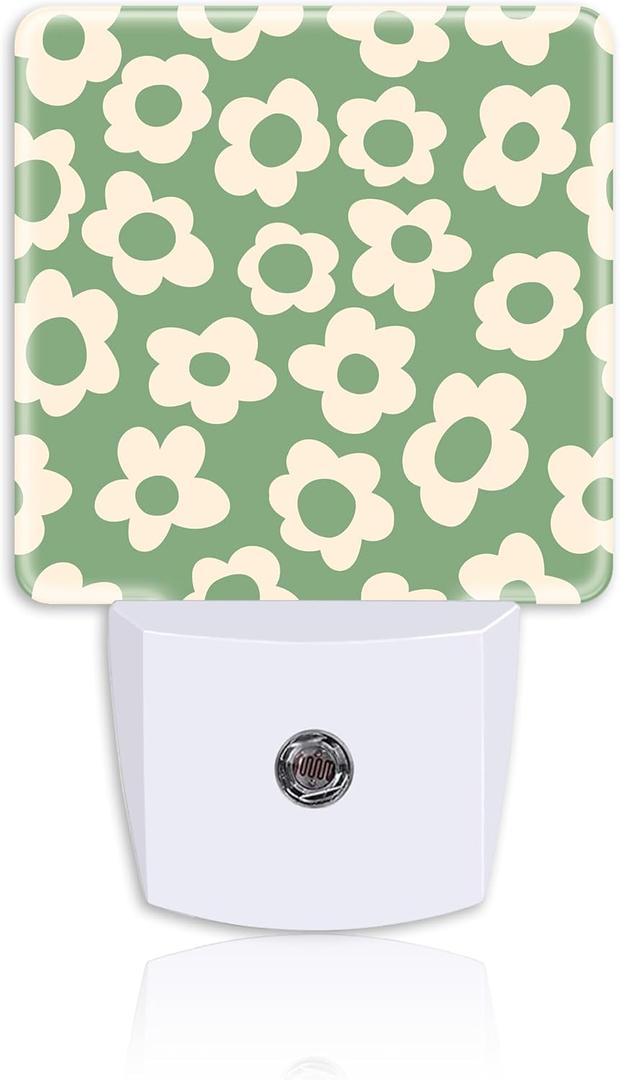 Vintage Groovy Flowers Night Light Plug Wall,Sage Green Daisy LED Night Lights with Dusk to Dawn Light Sensor for Women Girls Boys Room Decor,Hallway,Kitchen,Bathroom,Nursery,Stairs