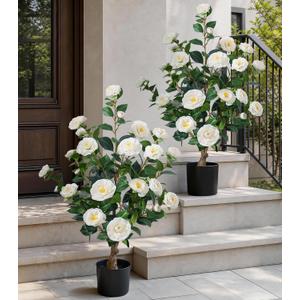 HyeFlora 3ft Artificial Camellia Tree 2 Pack, 34 Inches Faux Camellia Plant in Pot,Fake Potted Camellia Flower Trees UV Resistant for Modern Home Office Living Room Floor Indoor Outdoor Patio Decor