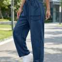 Aoysky Womens Baggy Barrel Wide Leg Pants Casual Drawstring Elastic Waist Contrast Stitch Workout Sweat Pants with Pockets, Large