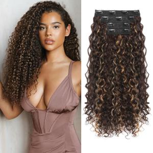 Clip in Hair Extensions, FLUFYMOOZ 4PC 100% Pure Protein Silk Hair Extensions Long Soft Natural Hairpiece 20 Inch Curly Hair Extension for Women (Brown with Deep Blonde Highlights)