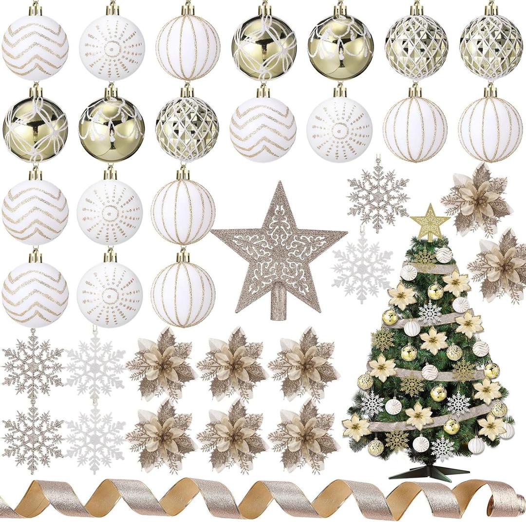 68 Pcs Christmas Tree Balls Ornaments Set Complete Christmas Tree Decorations Glitter Poinsettia Flowers Christmas Ornaments Tree Topper Ribbons Hanging Decor for Xmas Holiday(Champagne Gold)