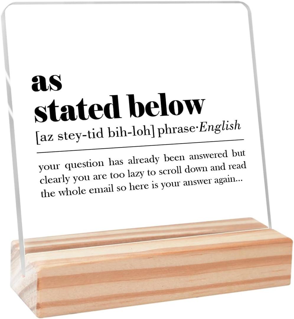 2 x As Stated Below Definition Sign Acrylic Plaque Fun Office Desk Decor,Funny Office Gifts Humorous Gift for Coworker Colleague 4''L x 4"W