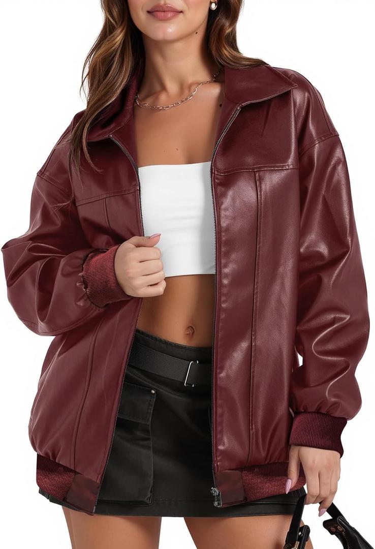 Women's Leather Jacket Oversized Faux Leather Bomber Jacket Fall Fashion 2025 Trendy Moto Winter Coat with Pocket (Wine Red) S