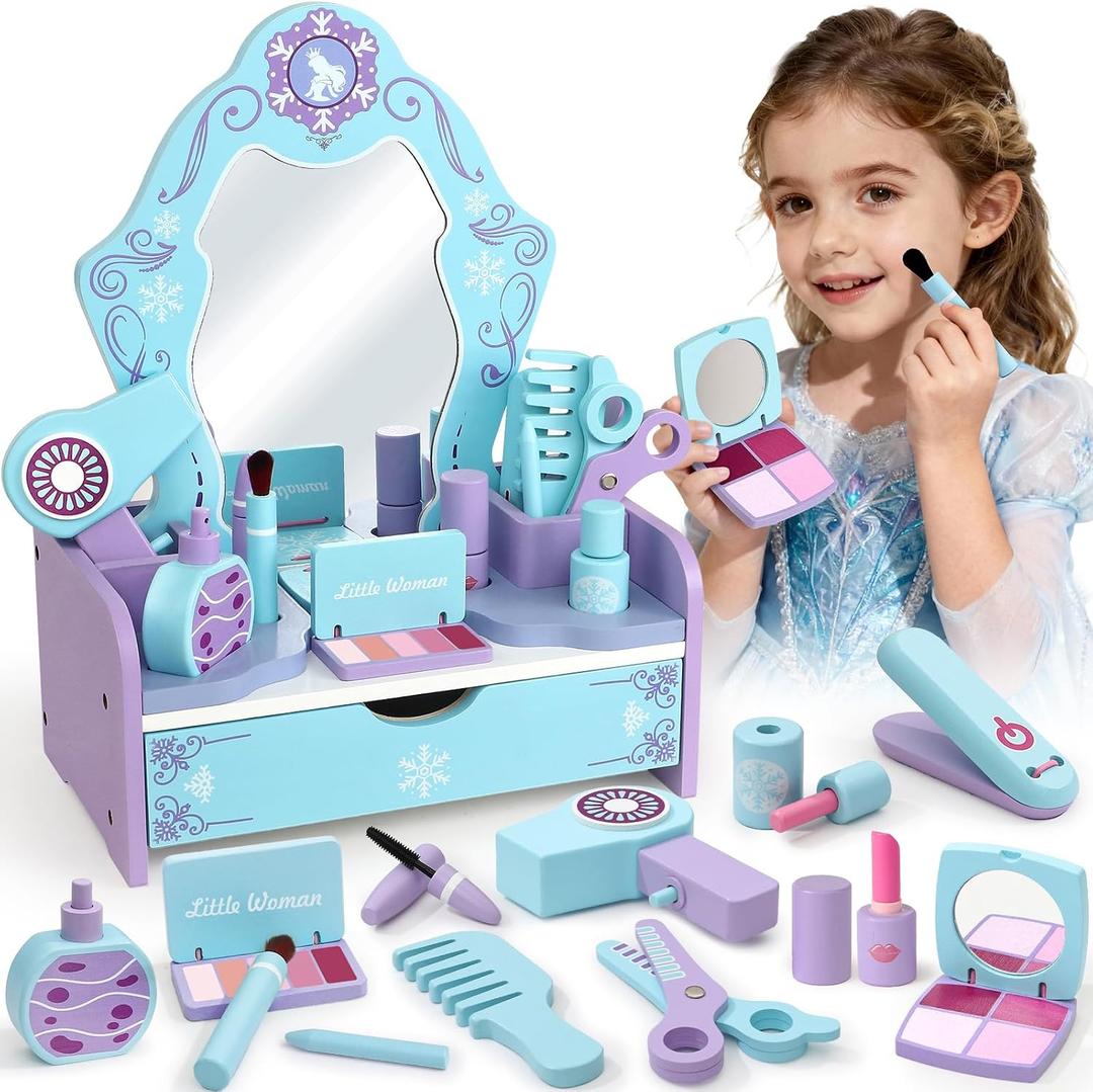 Toyssa Wooden Kids Vanity Set for Girls, Pretend Makeup Play Vanity for Toddlers 3-5, Beauty Salon Play Set Toys with Big Mirror, Princess Birthday for Girls Ages 3 4 5 6 Years Old, Child-Size