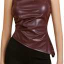 MakeMeChic Women's PU Leather Tank Top Mock Neck Y2k Ruched Party Sleeveless Leather Tops (Burgundy, Smal)