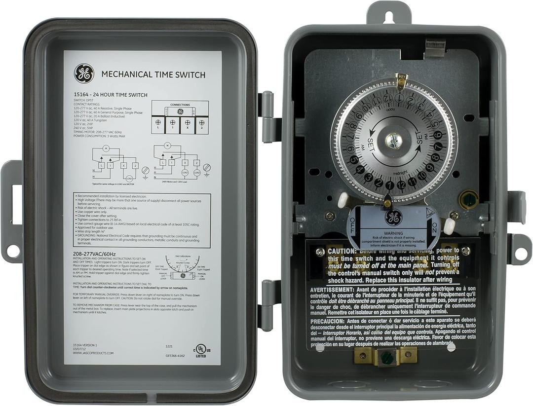 GE 24-Hour Mechanical Pool Timer Switch, 5HP 40A Load Capacity Pool Pump Timer, Outdoor NEMA 3-Rated Box Timr, 240 VAC Poo Timr Replacement, Water Heater Time, Tamper Resistant Metal, 15164