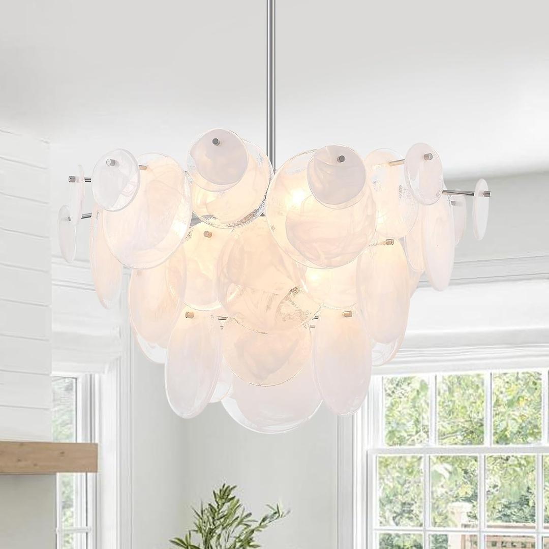 Dia 28 Inch, Modern Glass Chandeliers for Farmhouse, Large Unique Pendant Chandelier for Dining Room Bedroom Entryway Kitchen Foyer, Chrome Finish
