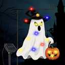 GOAUS Halloween Garden Flag Solar Lighted, Witch Ghost Decorations Outdoor, Double Sided Oxford Decorative Flag for Lawn Yard Outside Decor, 12x18 Inches