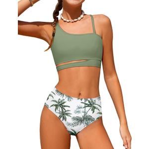 Queenstyle Girls Swimsuits Bikini Set Kids Cutout Bathing Suit Bikini Top Two Piece Girls' Swimwear (11-12 Years, Green)