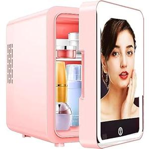Skincare Fridge with Dimmable LED Light Mirror, 4L Mini Fridge For Desktop, Travel or Cool & Heat, Makeup Fridge for Cosmetics, Skin Care and Food, Green