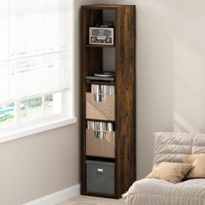 Furinno Cubicle Record Player Stand with Vinyl Storage, 5-Cube 1.2 Extra Thick Vinyl Record Storage, Open Back Media Shelf for CD DVD Blueray Game Disc, for Living Room, Home Office, Amber Pine, Extra Thick, 5-Cube Vertical