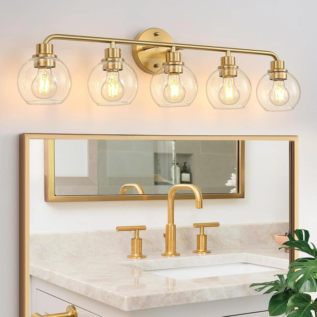 Bathroom Light Fixtures Gold Vanity Light 5 Light Wall Sconces Lighting Brushed Brass Lights with Clear Globe Glass Shades Bath Wall Lamp for Mirror Kitchen Living Room Bedroom Hallway