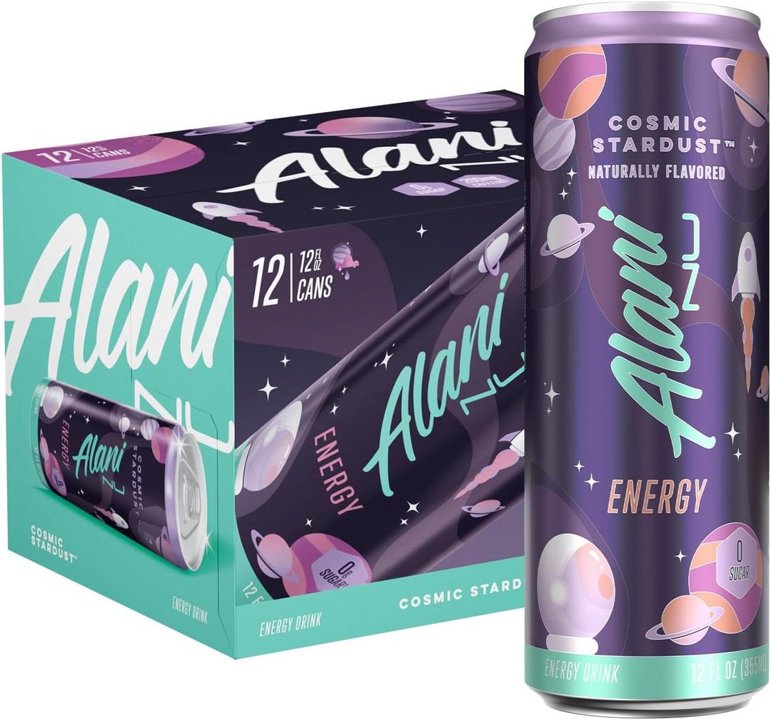 Alani Nu COSMIC STARDUST, Sugar Free, Low Calorie Energy Drinks, 200mg Caffeine, Biotin, B Vitamins, Zero Sugar, 10 Calories, 12 Fl Oz Cans, 12 Pack, BBD 07/26/27