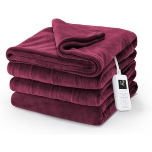 Sunbeam Electric Royal Luxe Microplush Heated Blanket, 12 Heat Settings, 12-Hour Selectable Auto Shut-Off, Fast Heating, Warm and Cozy, Cabernet Color, Full, 84" x 72"