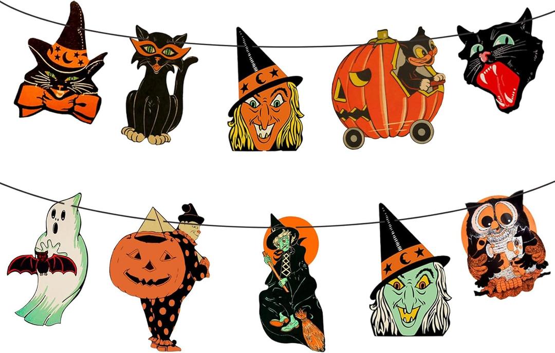 2 x Retro Halloween Banner, Vintage Halloween Bunting, Ghost Witch Owl Black Cat Party Sign, Halloween Holiday Home Garland Decorations Supplies