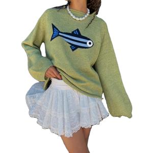 Women Fashion Rib Knit Fish Graphic Oversized Sweater Y2k Vintage Crew Neck Loose Fit Knitted Pullover Sweaters (Medium, Army Green)