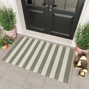 OJIA Outdoor Rug 3'x5', Washable Entryway Rugs Indoor Front Door Mat Cotton Woven Checkered Front Door Rug Small Area Rug Outdoor Doormat for Porch Kitchen Patio Bathroom (Green/White/Tan)