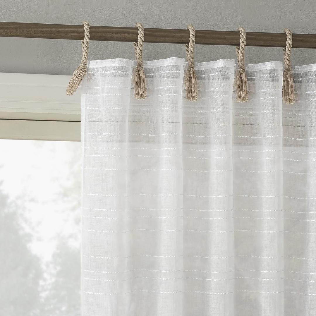 No. 918 Claudia 2-Pack Slub Stripe Linen Texture Rope Tab Semi-Sheer Tie Top Curtain Panel Pair, 50" x 84", White