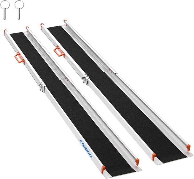 Ruedamann Portable Wheelchair Ramp, 8FT Adjustable Aluminum Ramp for Home, 600lbs Capacity, Telescoping Non-Skid Surface Wheel Chair Ramp for Home, Stairs, Steps, 2Pcs