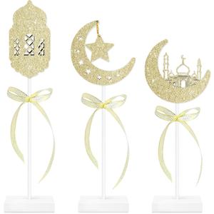 3 Pcs Ramadan Decorations Eid Mubarak Table Decor Set, Standing Wooden Islamic Moon Star Table Centerpiece & Tiered Tray Decor for Muslim Party Home Kitchen Office Tabletop Decoration
