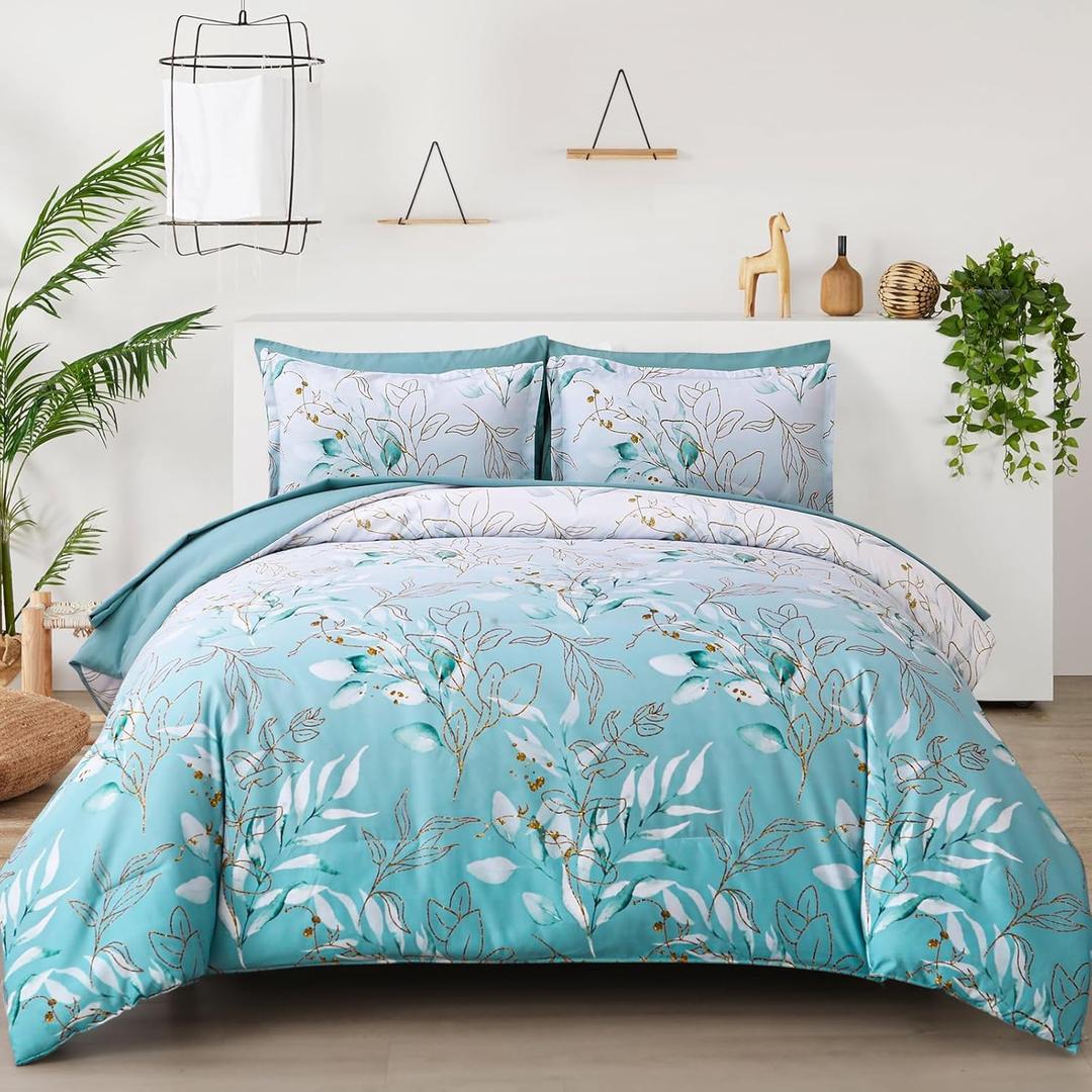 WONGS BEDDING Comforter Set Queen Size, 7 Pieces Aqua Botanical Bed in a Bag Golden Leaves Gradient Bedding Set Soft Microfiber (1 Comforter,2 Pillowcase,2 Pillow Shams,1 Flat Sheet,1 Fitted Sheet)