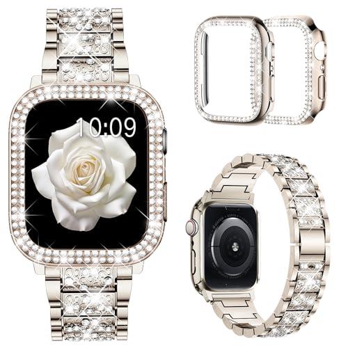 Mosonio Compatible with Apple Watch Band 44mm with Case Women, Jewelry Replacement Metal Wristband Strap with 2 Pack Bling PC Protective Cover for iWatch Series 6/5/4(Champagne)