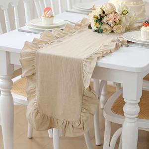 Natural Ruffled Table Runner 72 Inches Long Rustic Cotton Tabletop Farmhouse Decor for Baby Shower Bride Shower Birthday Party Holiday Wedding (Solid Color)
