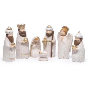 Hodao Nativity Figurines, 7-Piece Set – Hand-Painted Resin Holy Family, Wise Men, Angel & Manger, Indoor Christmas Home Tabletop Decor, Elegant White-Gold Ornaments, Gift for Families