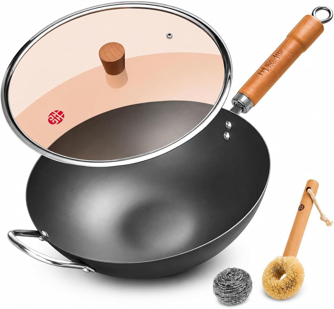 WANGYUANJI 13.4 Inch Carbon Steel Wok Pan with Glass Lid, Flat Bottom Chinese Stir Fry Wok for Induction, Gas and Electric Stoves, Uncoated Iron Wok for Stir Frying, Sauting and Deep Frying