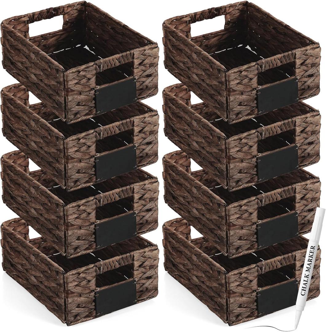 Nitial 8 Pcs 12 x 9 x 5 Inch Wicker Storage Basket, Rectangular Water Hyacinth Storage Baskets for Shelving, Foldable Woven Pantry Organizer with Chalkboard Label and Chalk Marker (Dark Brown)