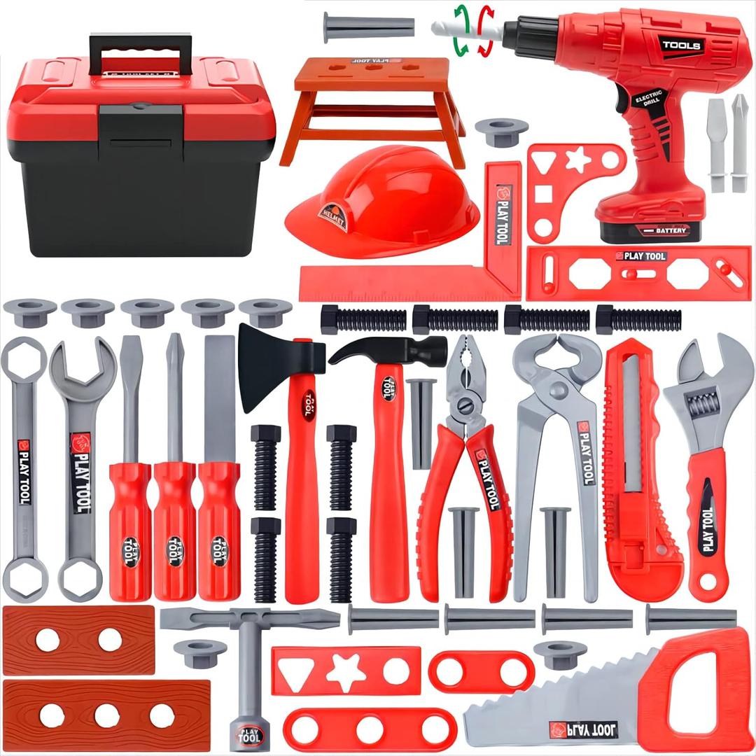 Kids Tool Set, 55 Pcs Kids Tool Set Pretend Play Toys with Box and Electronic Toy Drill, Toy for Toddler Boys Girl Kid Child Ages 3+