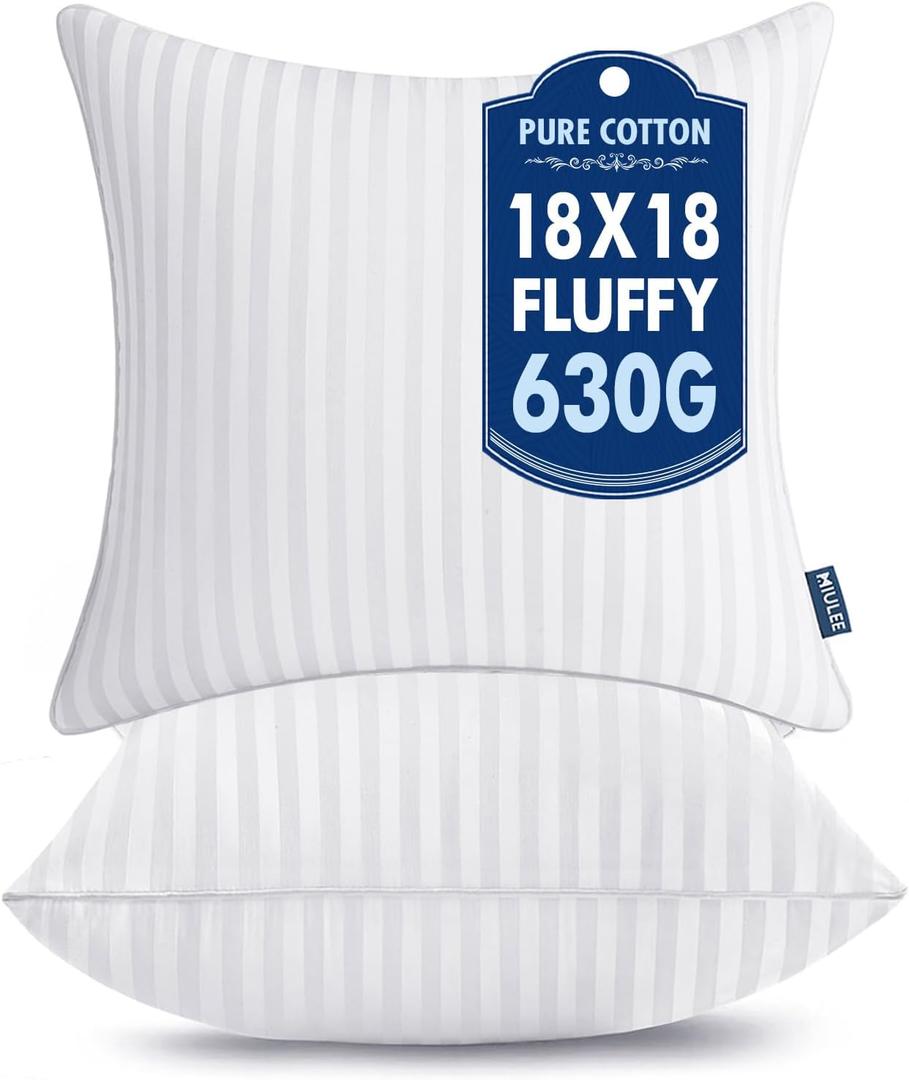 MIULEE 18x18 Pillow Inserts, Firm and Fluffy Decorative Square Throw Pillows for Couch Sofa Bed, Down Alternative with 100% Cotton Cover Pack of 2