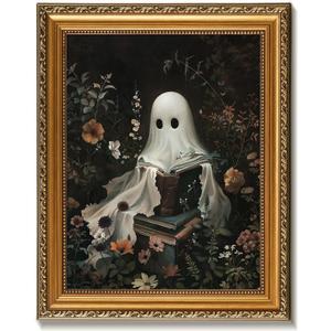 Vodefoad Vintage Detachable Gold Framed Wall Art for Home Decor Halloween Cute Ghost Reading Books Farmhouse Gold Framed Wall Decor Prints Halloween Gothic Dark Academia Painting Picture for Kitchen, Gallery, Bathroom Wall decor - 12x16Inch (16L" x 12W")