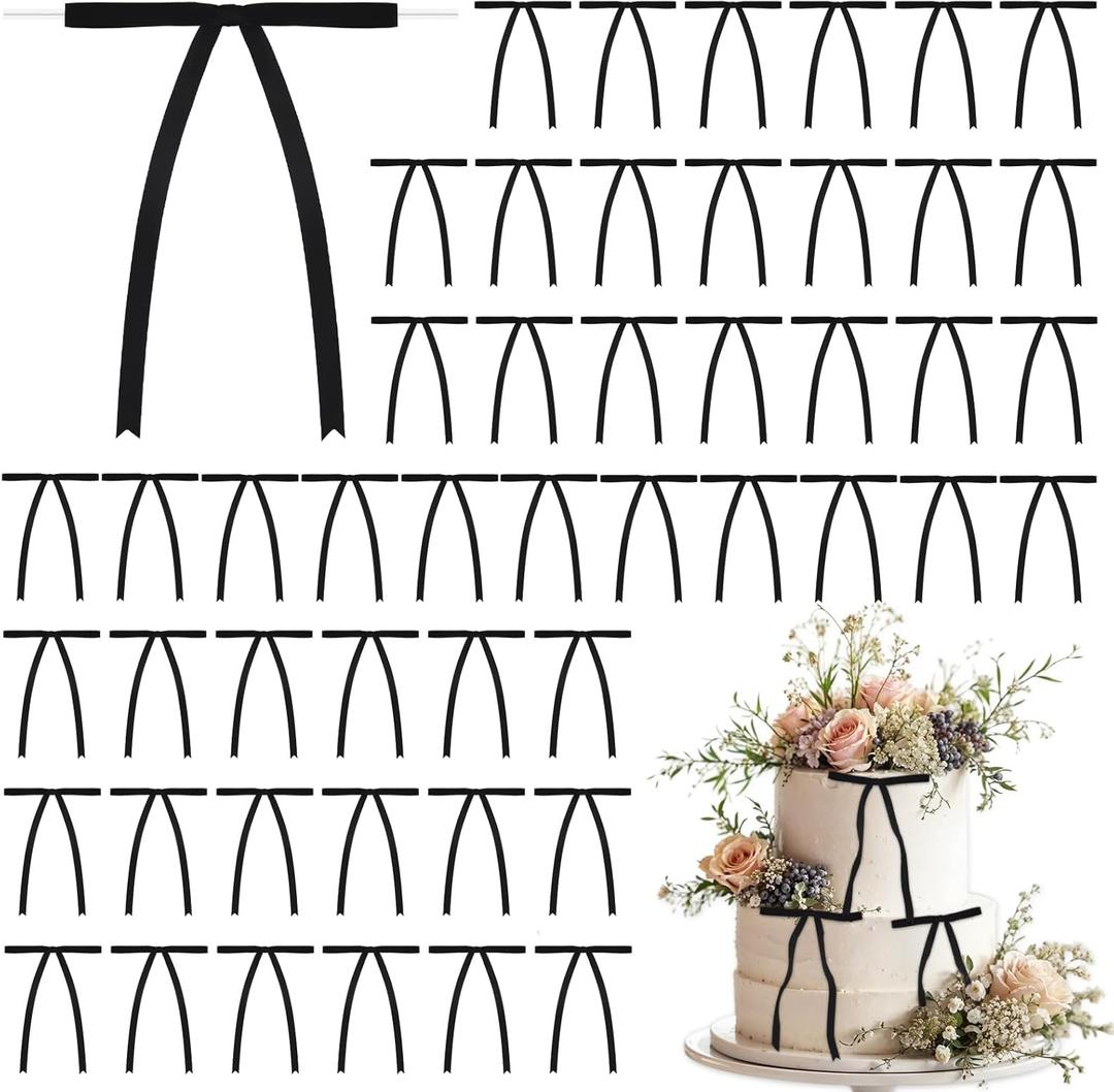 50PCS Black Twist Tie Bows Cake Topper Decor Bows Premade Satin Ribbon Bow for Tree Ornament Craft DIY Cake, Black Bow for Gift Wrapping Birthday Party Wedding Decoration Home Garland Supplies