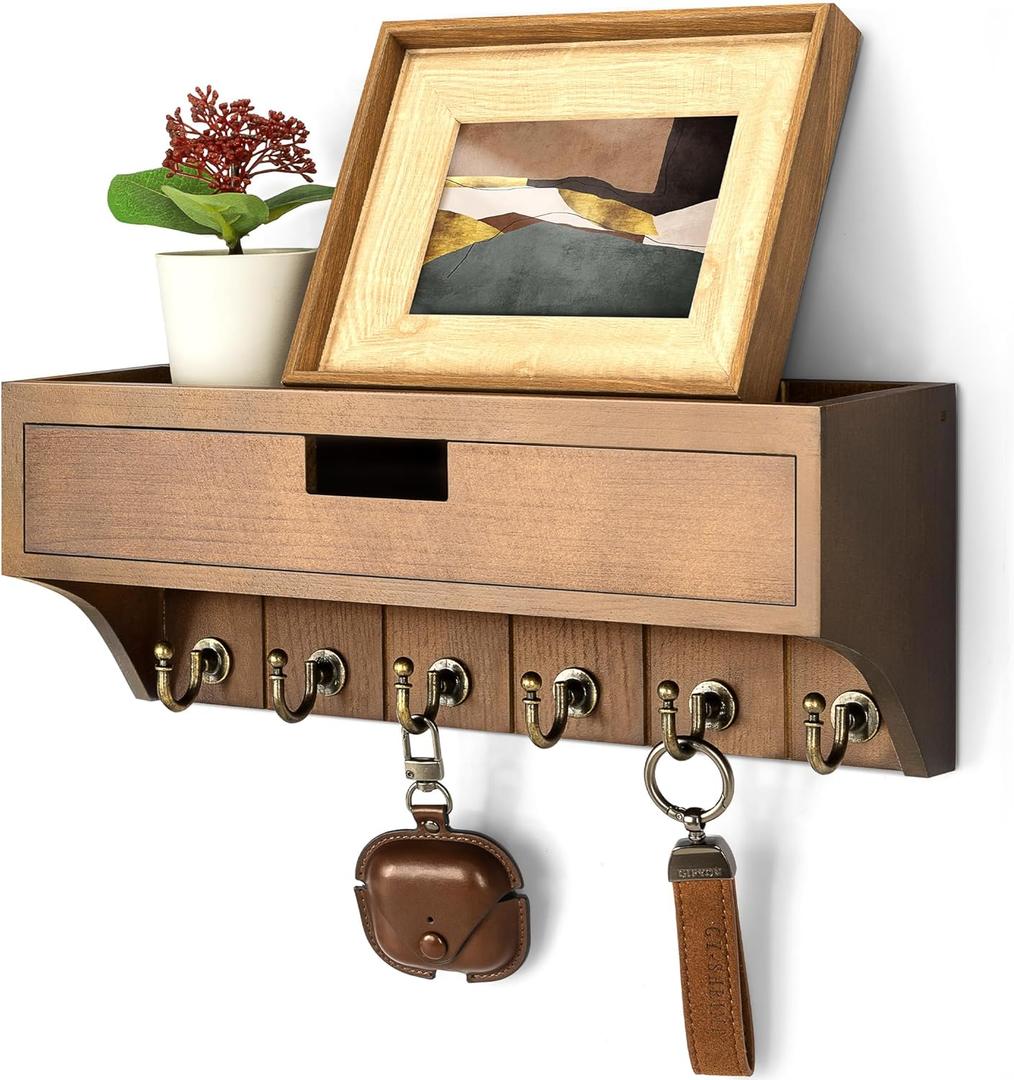 Rebee Vision Farmhouse Pine Wood Key Holder Wall Mount with Drawer Organizer Mail Organizer with 6 Sturdy Key Hooks and Storage Drawer Rustic Home Decor for Apartment Essentials (Brown)