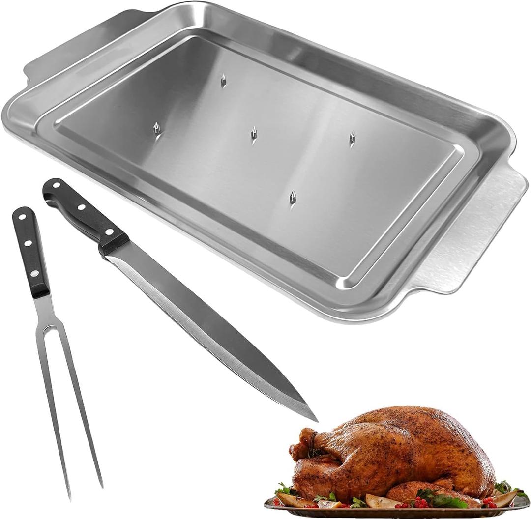 Stainless Steel Spiked Roast Chicken Carving Tray, Turkey Meat Serving Dish, Spiked Carving Knife Fork Set