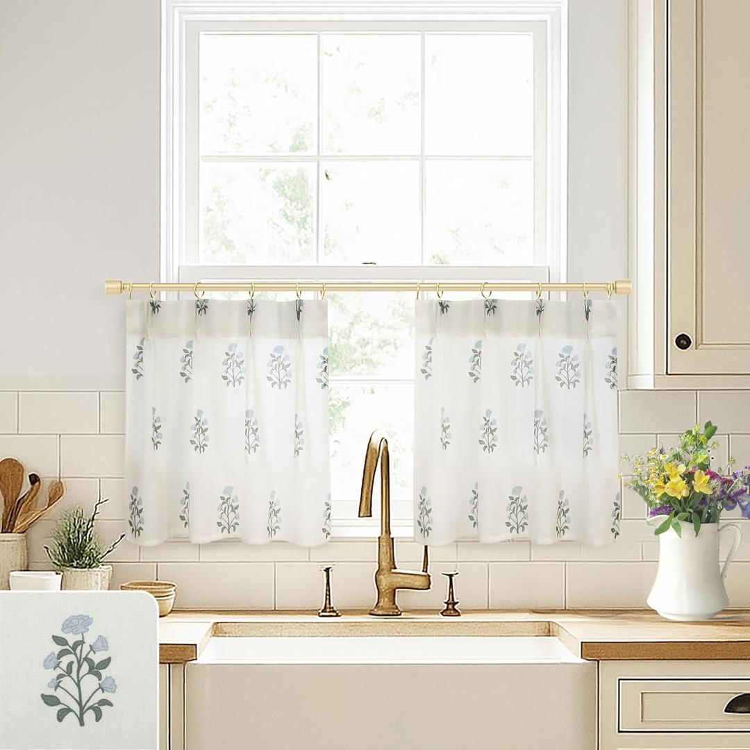 Cafe Curtains for Kitchen,Pinch Pleated Small Window Curtains Over Sink,Farmhouse Linen Sheer Blue and Green Floral Vintage Block Print 18 Inch Length Mini Curtains (24"W x 18"L (Pack of 2))