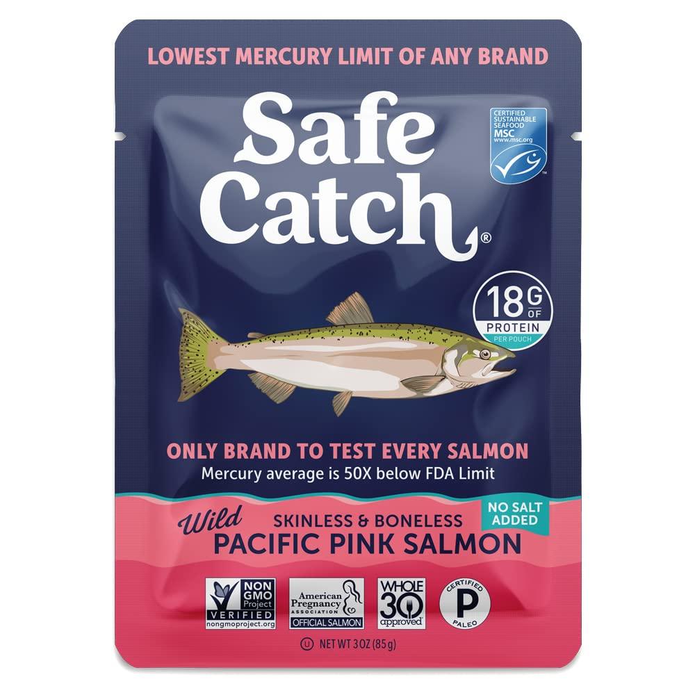 Safe Catch Skinless and Boneless Wild Pacific Pink Salmon Pouch, No Salt Added, Mercury Tested, Kosher, 3oz Pouches, Pack of 12