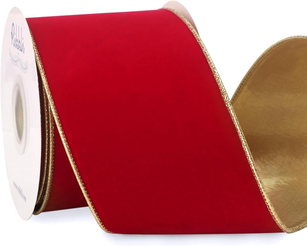 Ribbli Red Velvet Wired Ribbon 4 Inch Luxury Matte Velvet Christmas Ribbon for Gift Wrapping Christmas Tree Decoration Crafts Wreaths Supplies -10 Yards