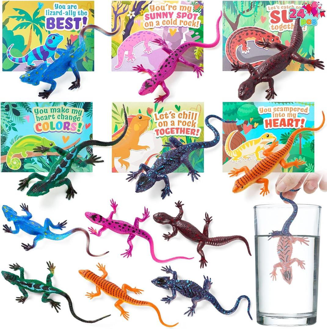 JOYIN 24 Pcs Valentine's Day Gift Cards with Color Changing Lizard Toys, Heat-sensitive Color-changing Lizard Figure, Valentines Day Gifts for Kids Classroom Exchange Goodie Bag Stuffers Party Favor